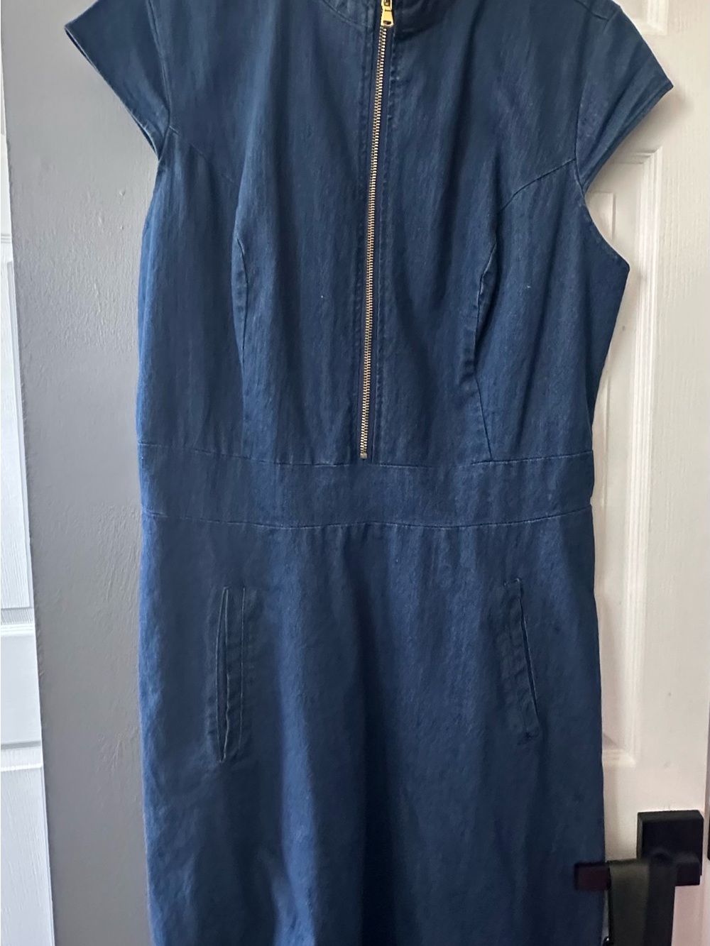 Ashley Stewart Blue Denim Midi Dress with Back Zip